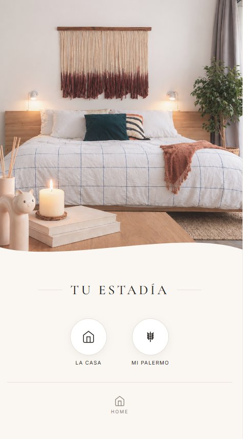 Pantalla de inicio de una welcome guide: foto del dormitorio y accesos a La casa y Mi Palermo